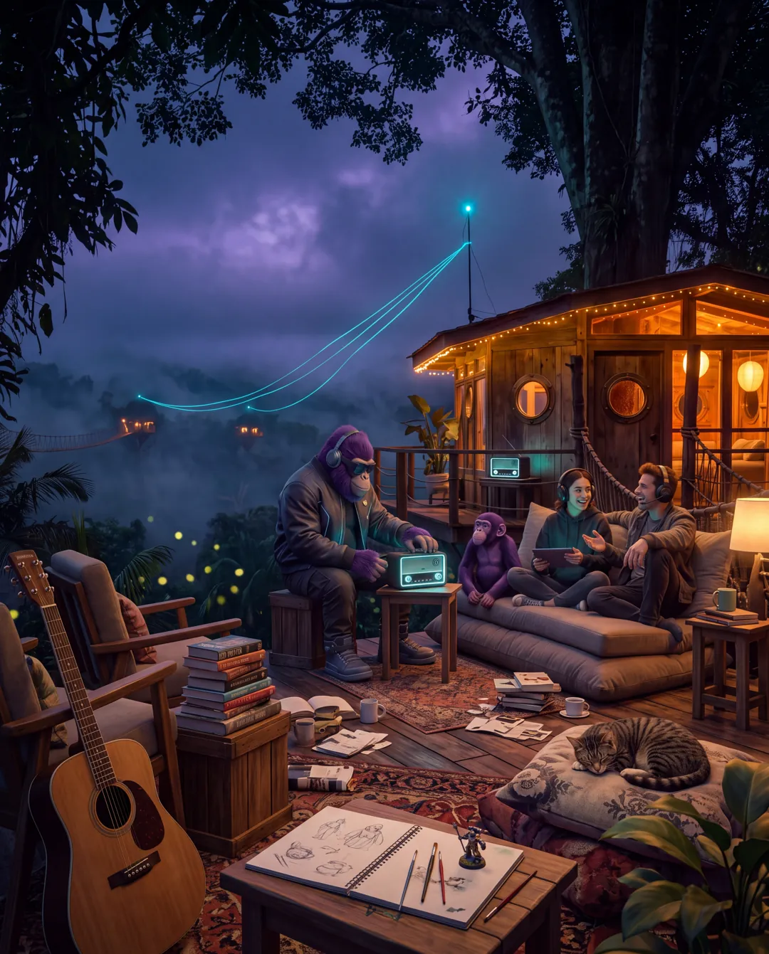 Ein gemütliches Deck mit Gitarre, Büchern, Skizzenbuch und einer schlafenden Katze