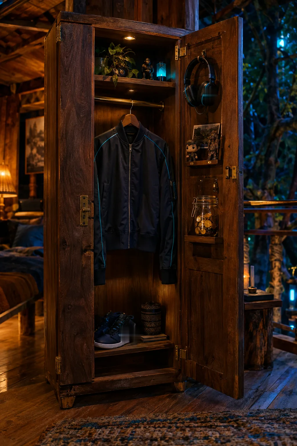 Ein offener Holzspind mit Navy-Jacke, Headset, Figuren und einem Glas voller Münzen