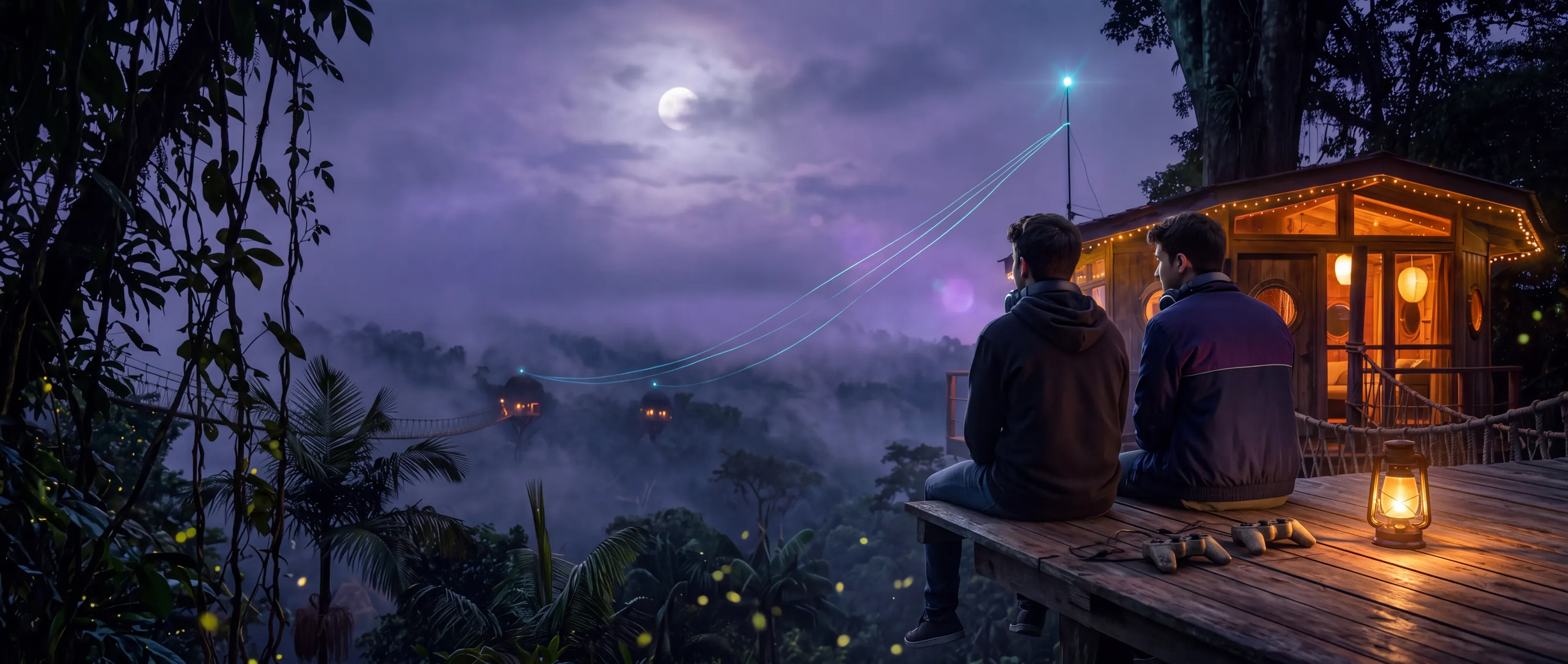 Zwei Freunde sitzen von hinten gesehen auf dem Deck eines Baumhauses und schauen über ein nebliges Dschungeltal, neben ihnen zwei Controller und eine Laterne